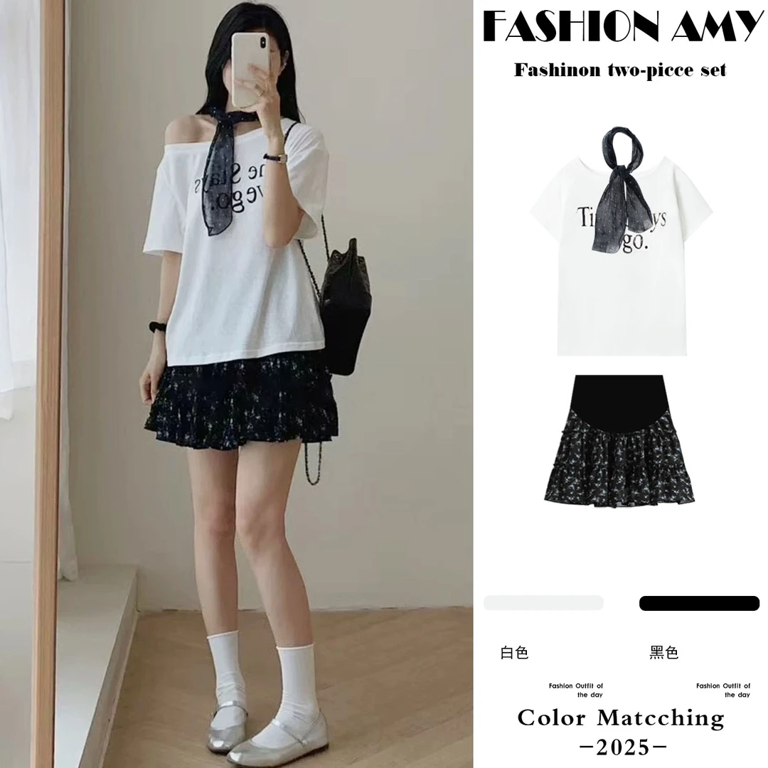 孕妇套装夏装新款时尚韩版气质丝巾一字领显瘦T恤休闲碎花半身裙1