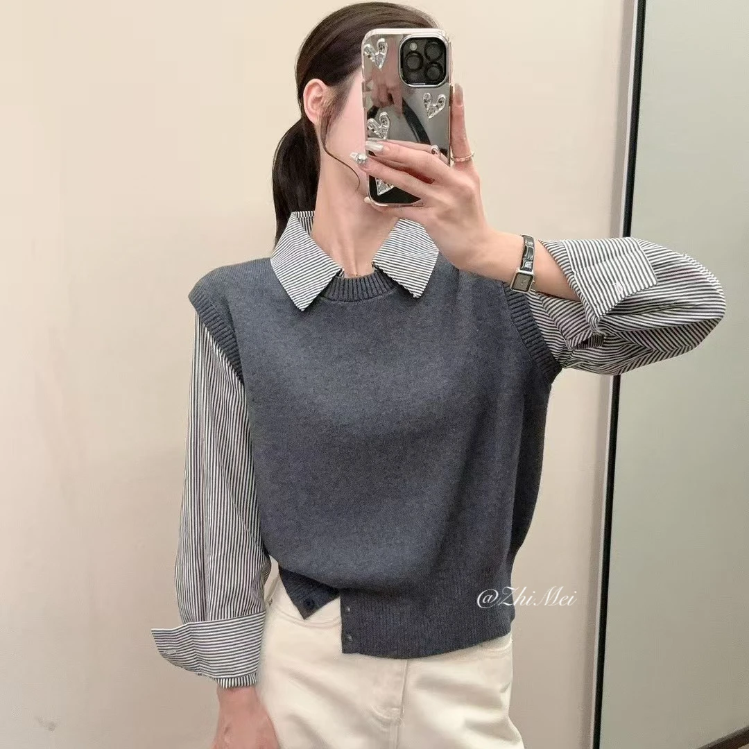 2025秋季新款法式拼接针织假两件条纹衬衫女装高级设计感长袖针织