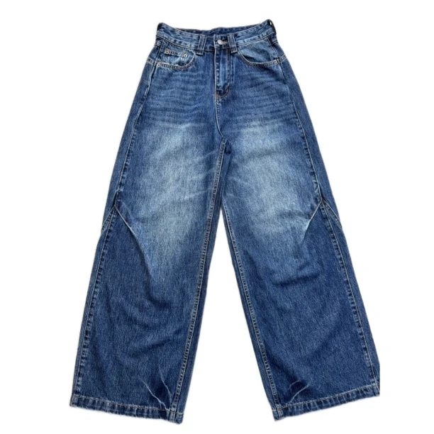 [蓝调阔腿]蓝色中高腰显瘦水洗磨白宽松直筒阔腿牛仔裤百搭潮流