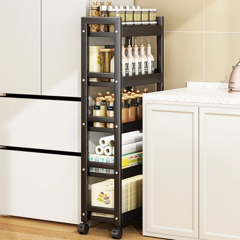 厨房置物架家用落地多层可移动小推车多功能窄边菜架调料收纳架