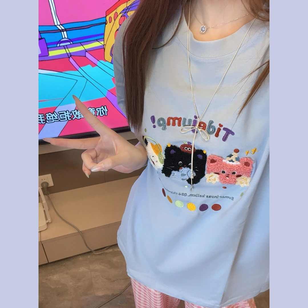 【兔毛羊】新款可爱卡通小猫咪刺绣纯棉短袖宽松时尚百搭T恤