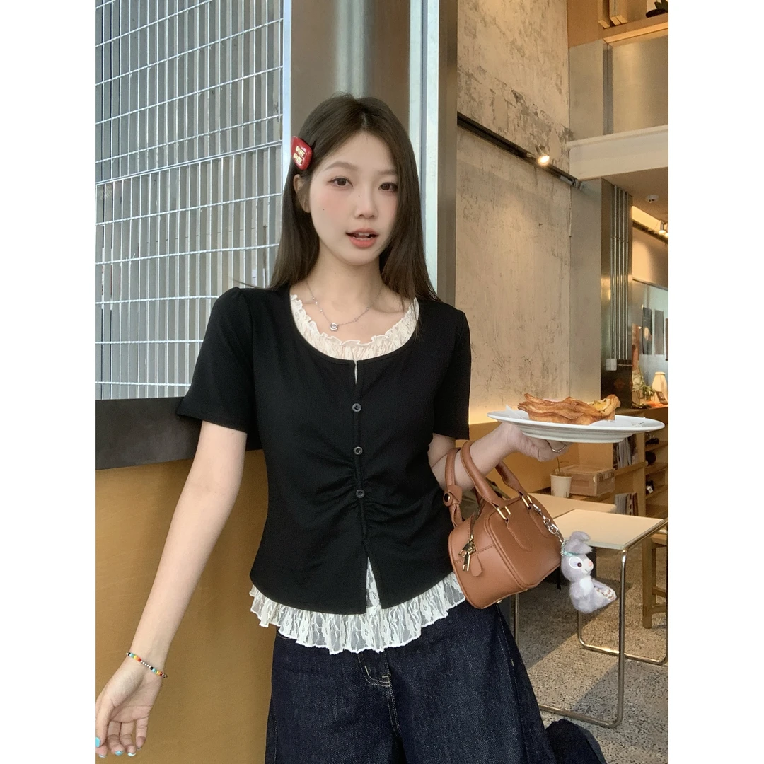 2025夏季大码胖mm欧若风韩系穿搭蕾丝假两件短袖打底衫T恤上衣女