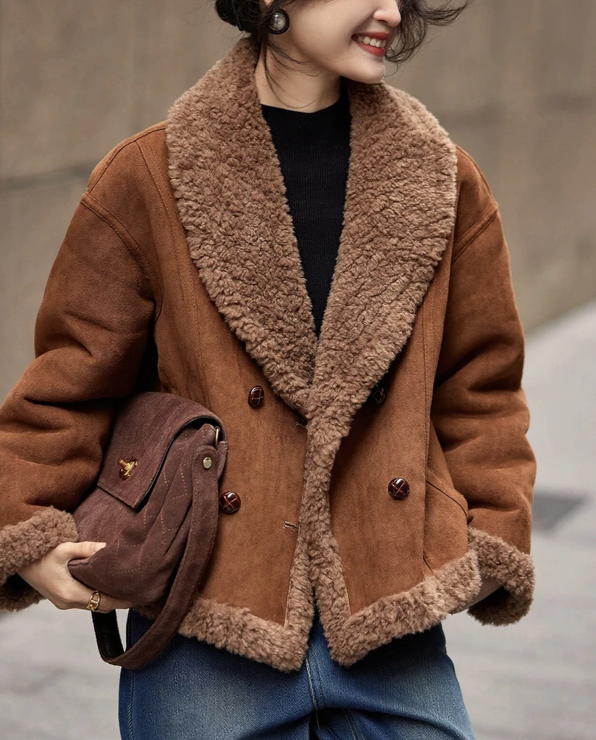 皮毛一体外套女加绒加厚羊羔毛时尚V领毛领韩版大翻领冬季新款