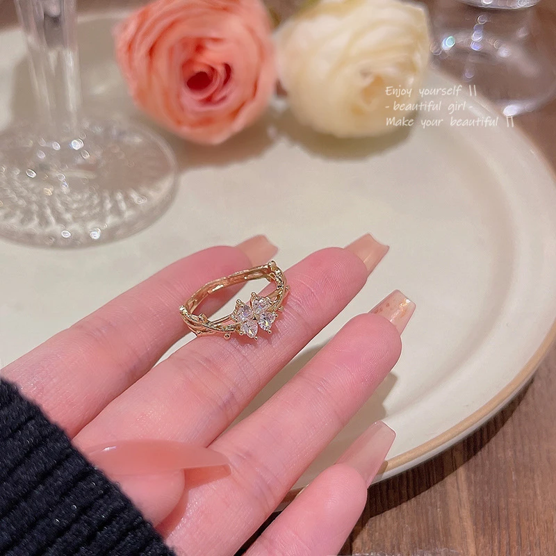 黄铜戒指 日韩风锆石花朵戒指女轻奢小众设计感开口可调节指环百