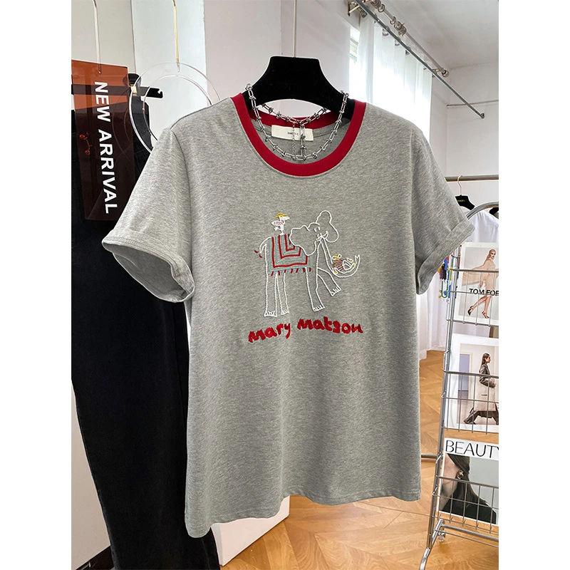 2025新款短袖t恤夏日女装美式宽松复古卡通刺绣纯棉撞色拼接上衣