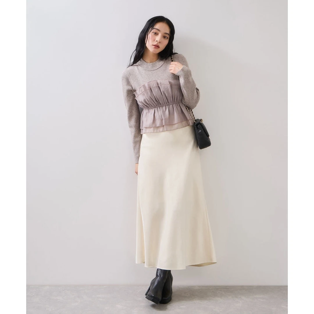 【Montendre】秋冬新款 V 光泽感气质显瘦淑女纯色窄身喇叭长裙