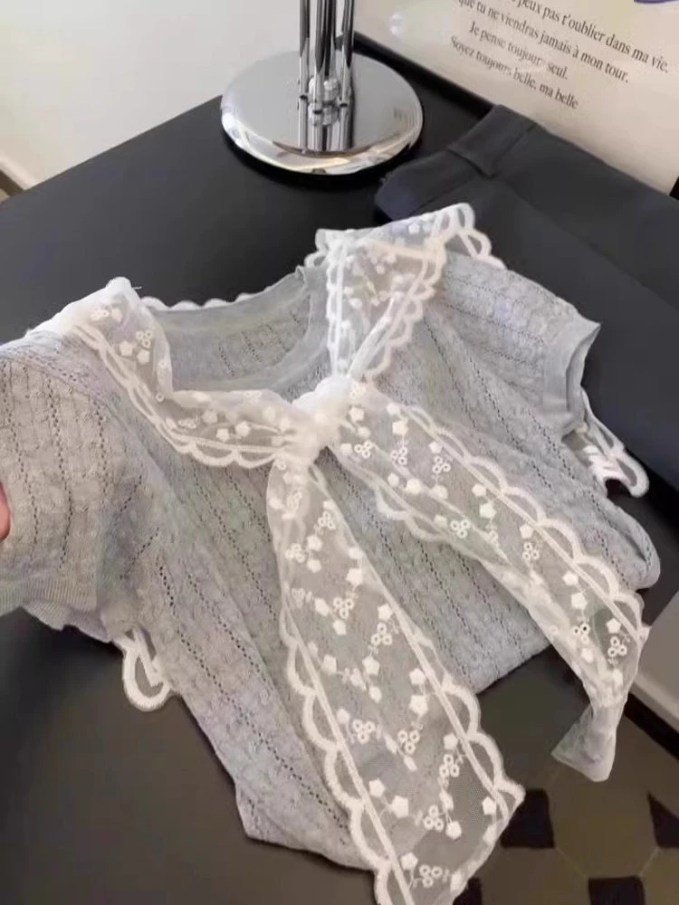韩系复古蕾丝披肩叠穿灰色针织短袖女夏2025年新款减龄设计感上衣