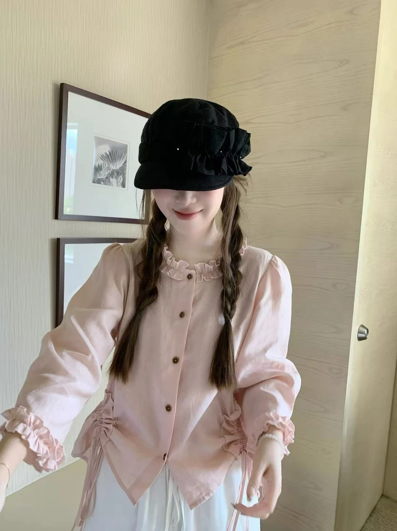 【全额运补】韩系粉色抽皱木耳边设计衬衫早秋新款甜美减龄上衣102