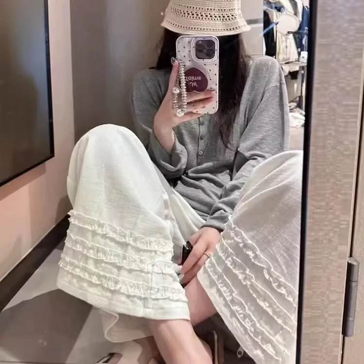 【现货+运费险】木耳花边亚麻裤女身材百搭松紧高腰阔腿九分休闲裤