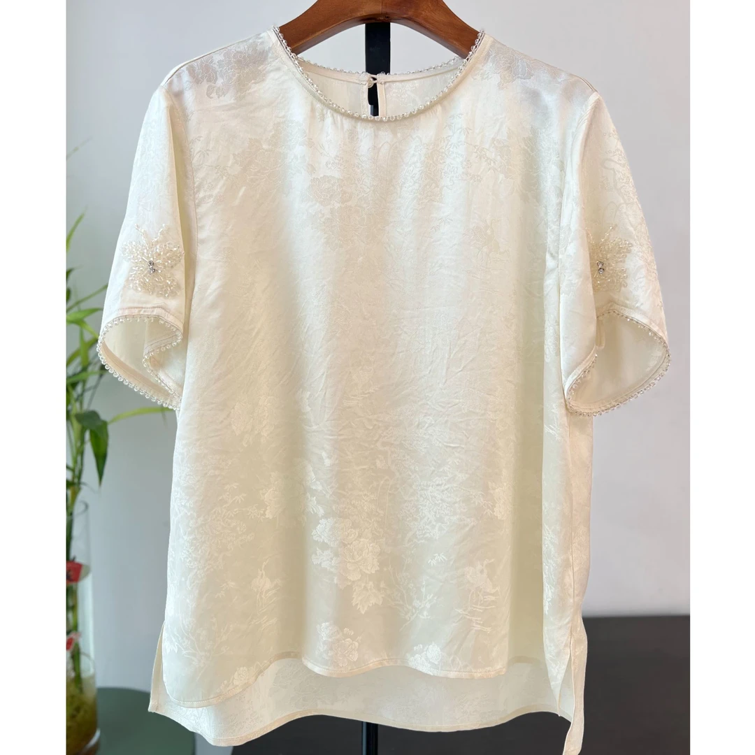 允陌 直播间同价 新中式重磅100%醋酸提花手工订珠短袖上衣