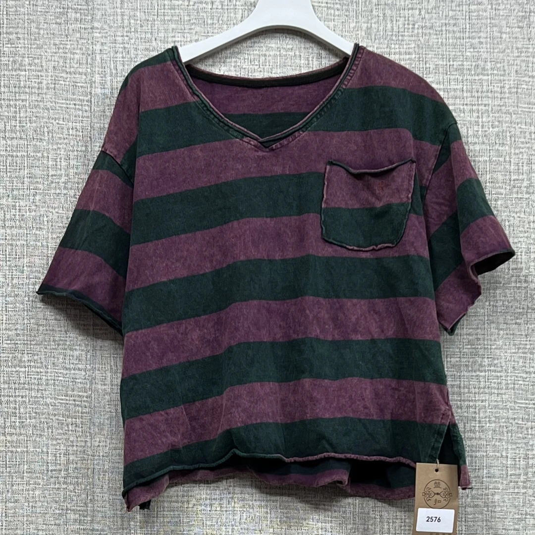 宽条卷边领左胸口袋V领炒色复古上衣T恤2025春夏新款百搭显瘦撞色