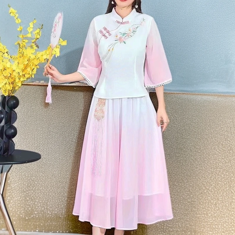 网红爆款渐变色汉服女中国风女装复古改良旗袍套装裙两件套日常