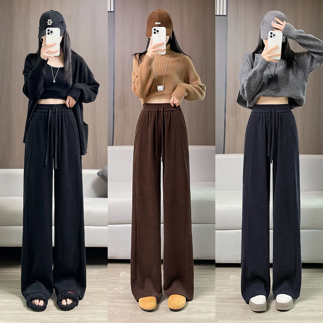 琥珀流光风穿搭雪尼尔阔腿裤女2025新款秋冬季加绒加厚直筒休闲裤