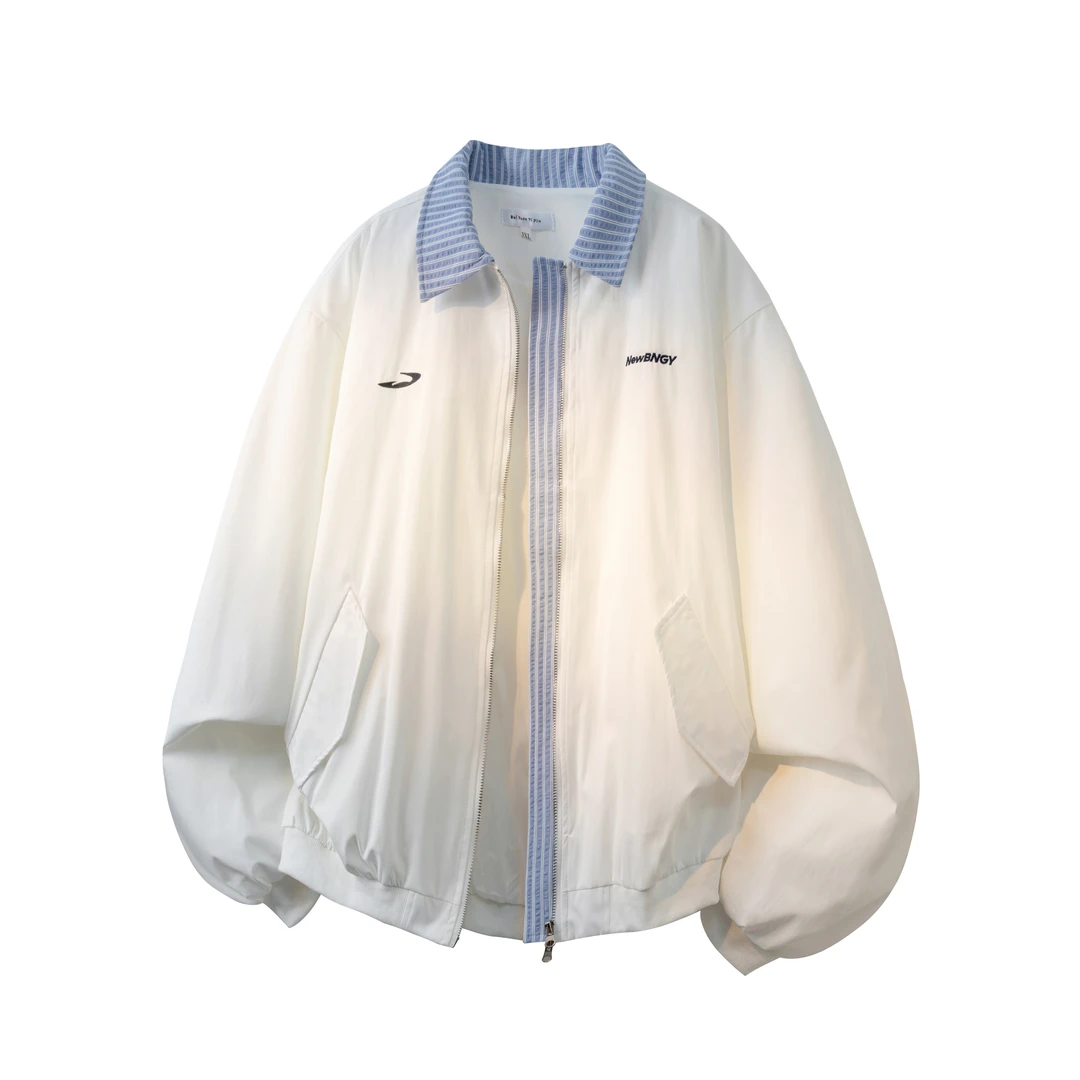 美式复古绣花假两件翻领棒球服男女春秋季撞色翻领拼接夹克外套