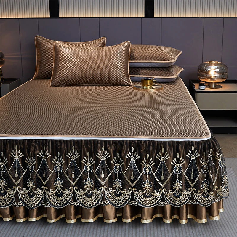 高端复古蕾丝床裙凉席三件套夏季冰丝凉感冰藤席可拆卸床笠式席