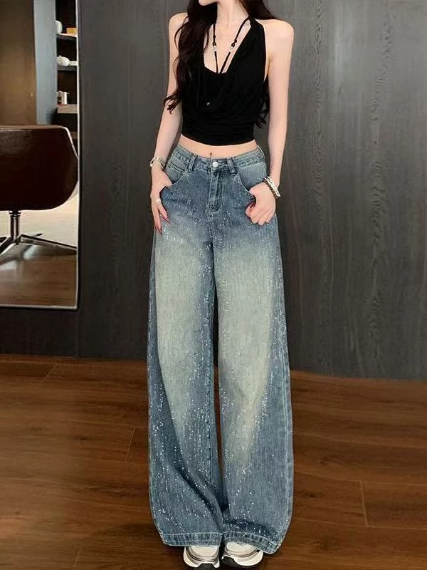 升级款】艳姐松紧腰满天星河烫钻阔腿牛仔裤女大码宽松显瘦长裤