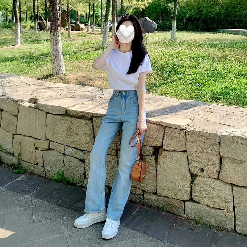 浅色窄版直筒牛仔裤女夏季2025年新款宽松显瘦高腰阔腿牛仔裤