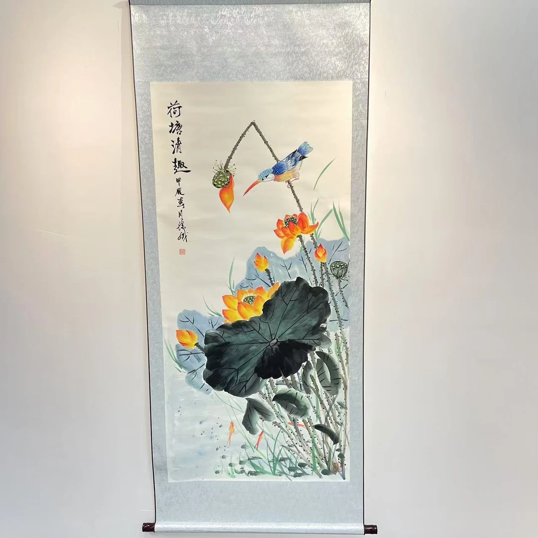手绘《荷塘清趣》纯手工装裱高170cm宽70cm