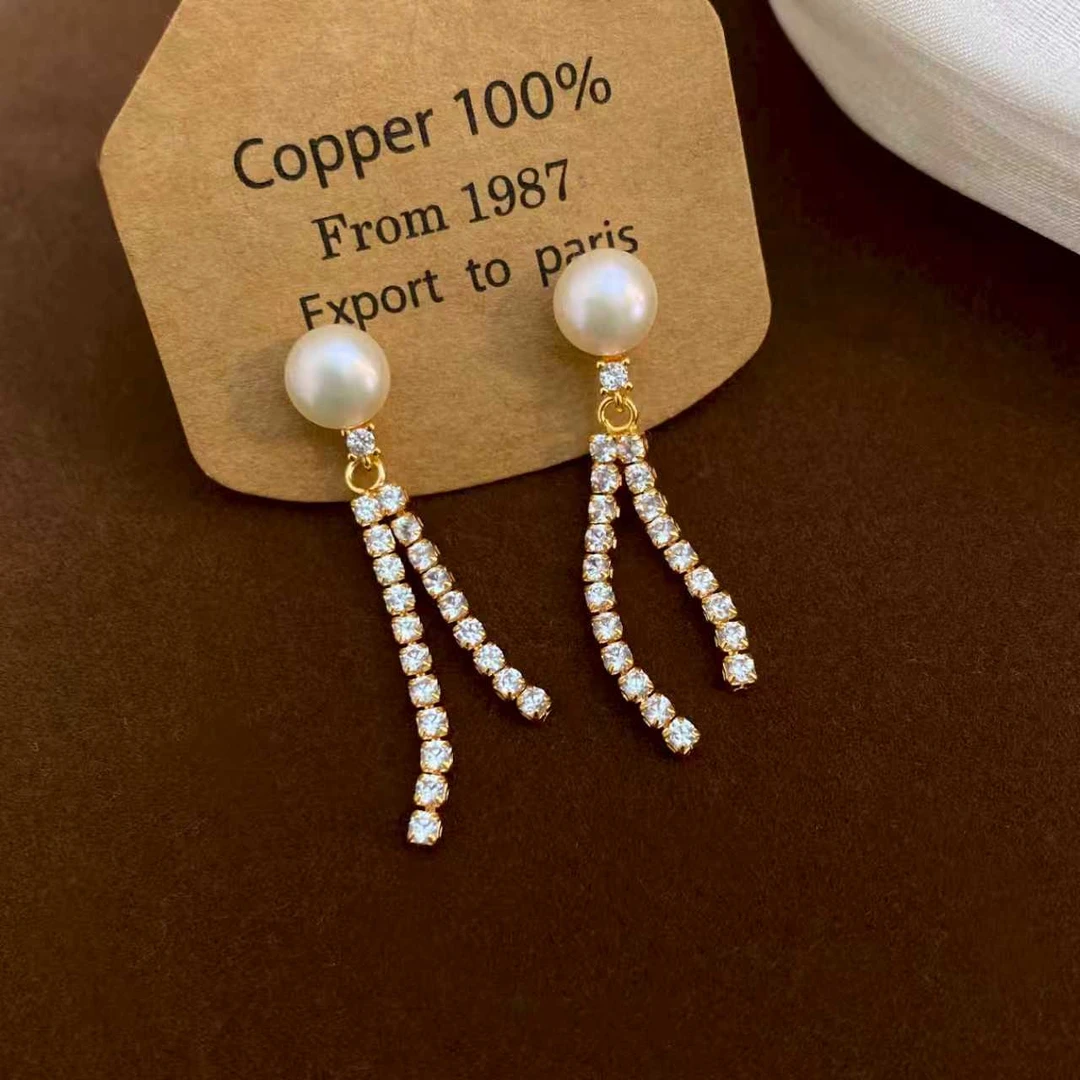 天然淡水珍珠耳环女法式复古流苏抓链珍珠耳钉耳饰百搭