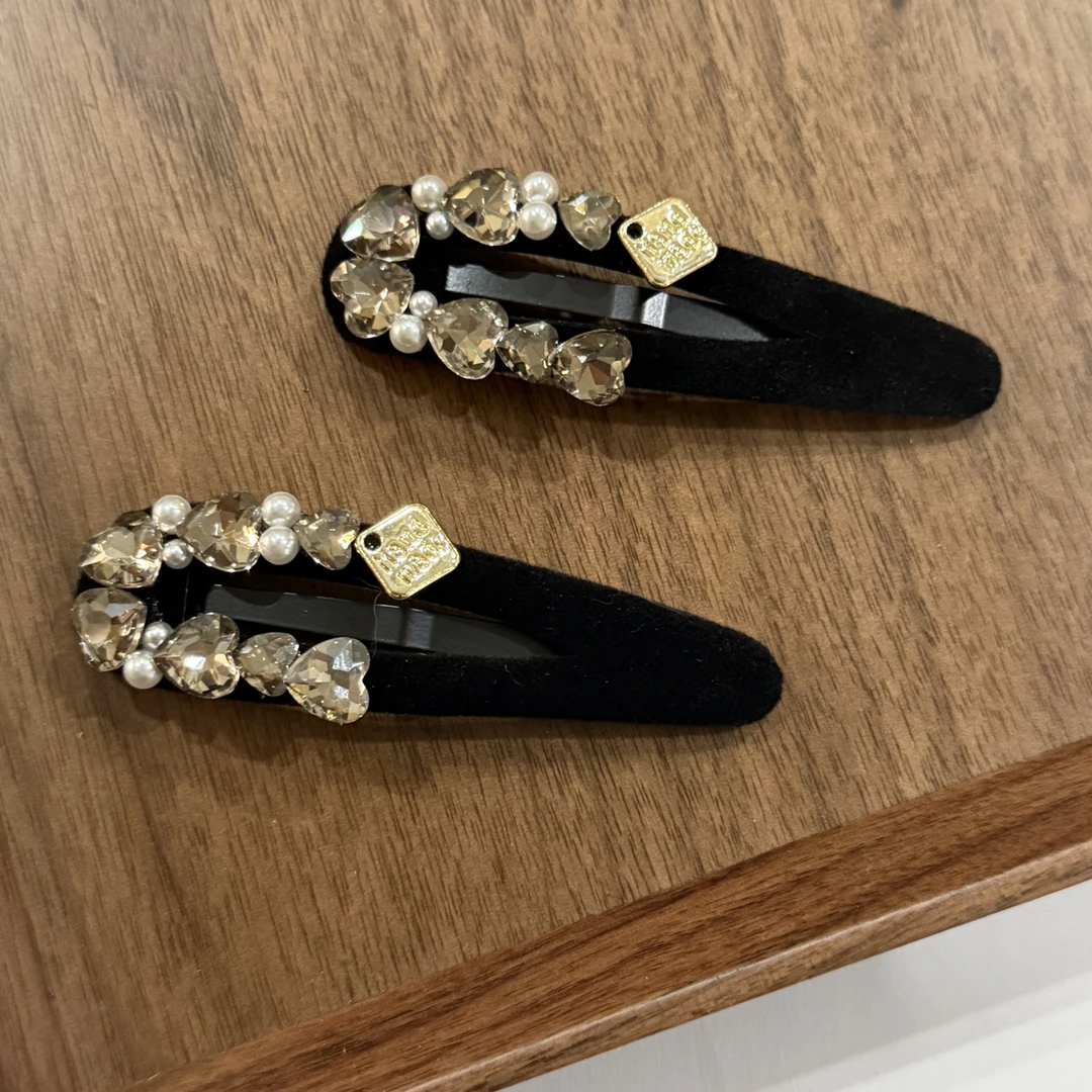 黑色丝绒水钻珍珠掰掰夹轻奢时尚刘海侧边发夹