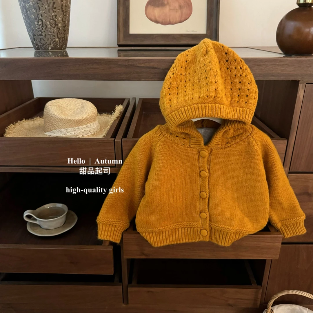 【甜品起司】冬季暖绒！韩国童装女宝镂空钩花加厚毛衣连帽针织衫
