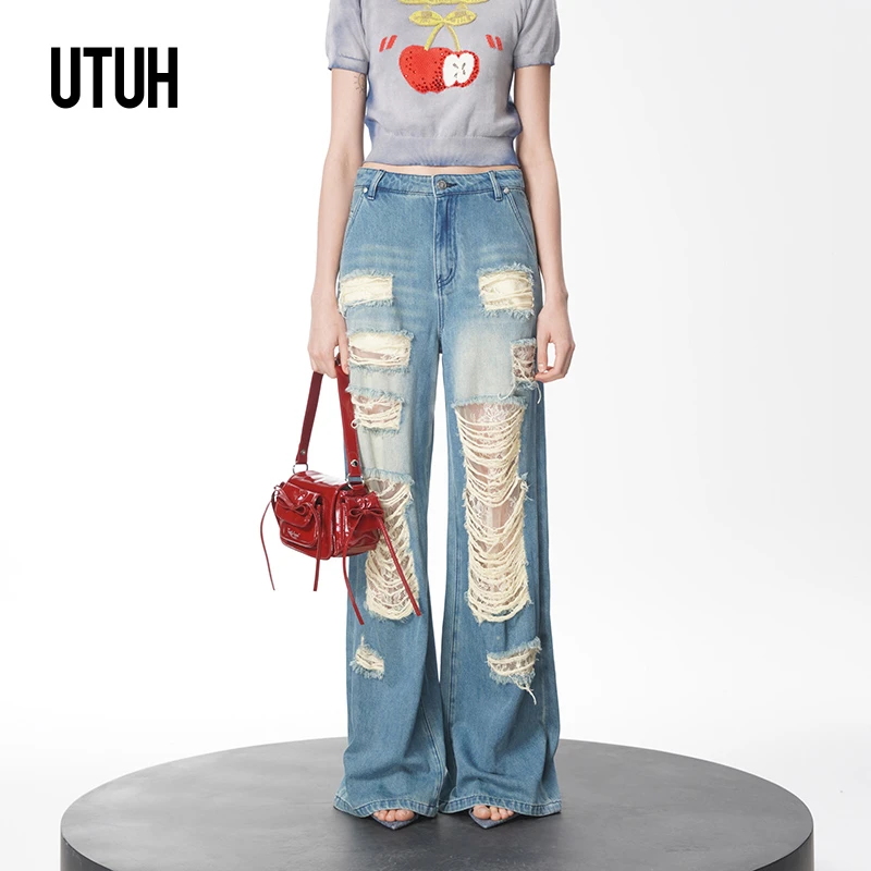 UTUH 蓝色复古不规则破洞蕾丝拼接牛仔长裤 TUWWS1K024