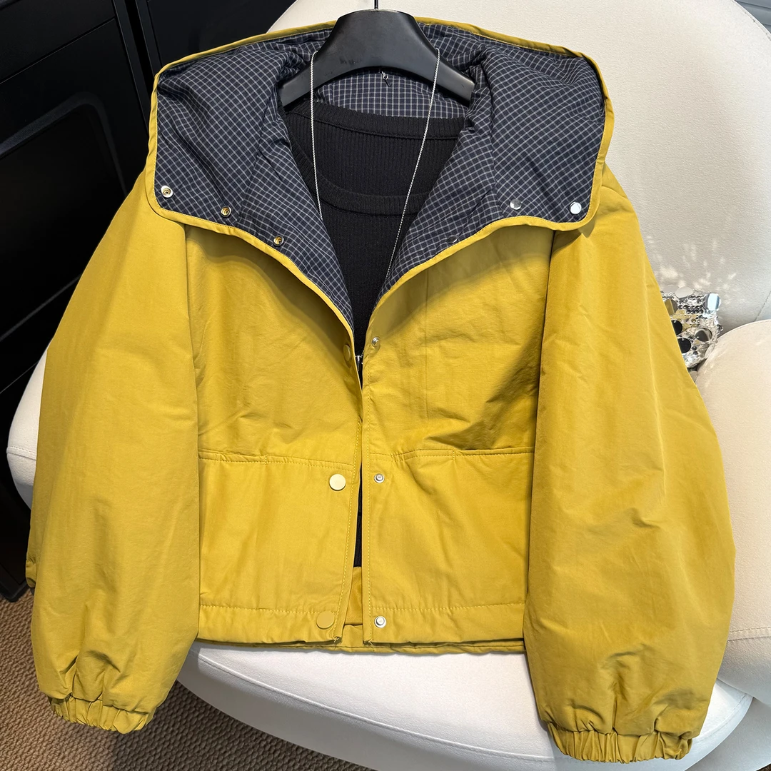 欧货格子拼接抽绳连帽棉衣女短款2025秋冬韩版宽松显瘦休闲外套潮