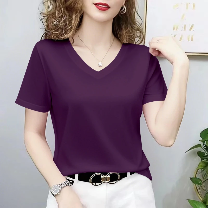 新爆款打底衫夏季大码短袖V领女款宽松显瘦百搭纯色打底女士T恤潮