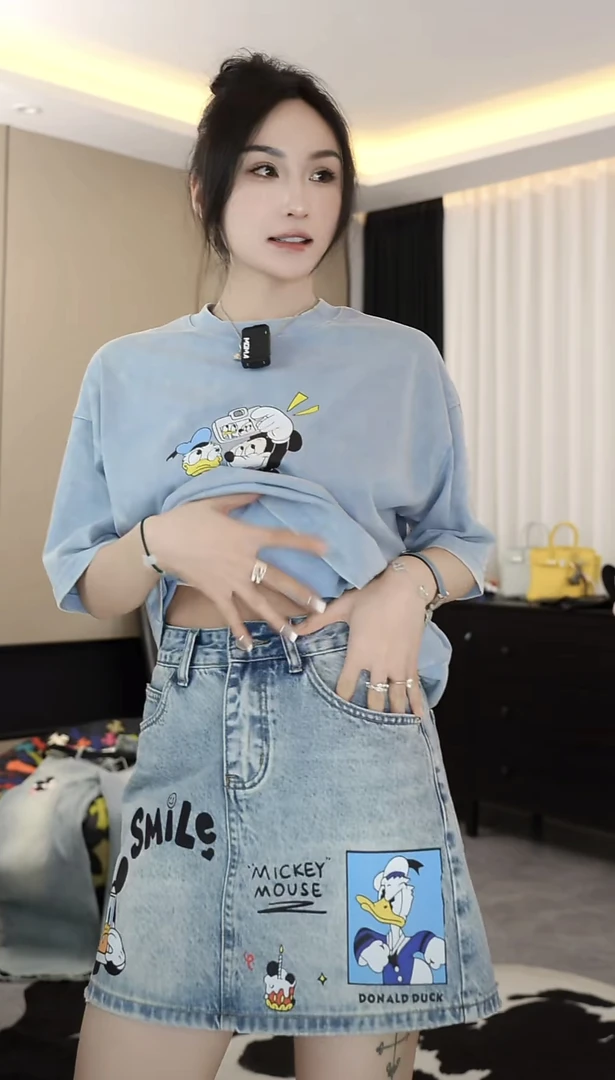 劉發發-V093【米奇蓝色半身裙】早春新款百搭时装显瘦牛仔半身裙