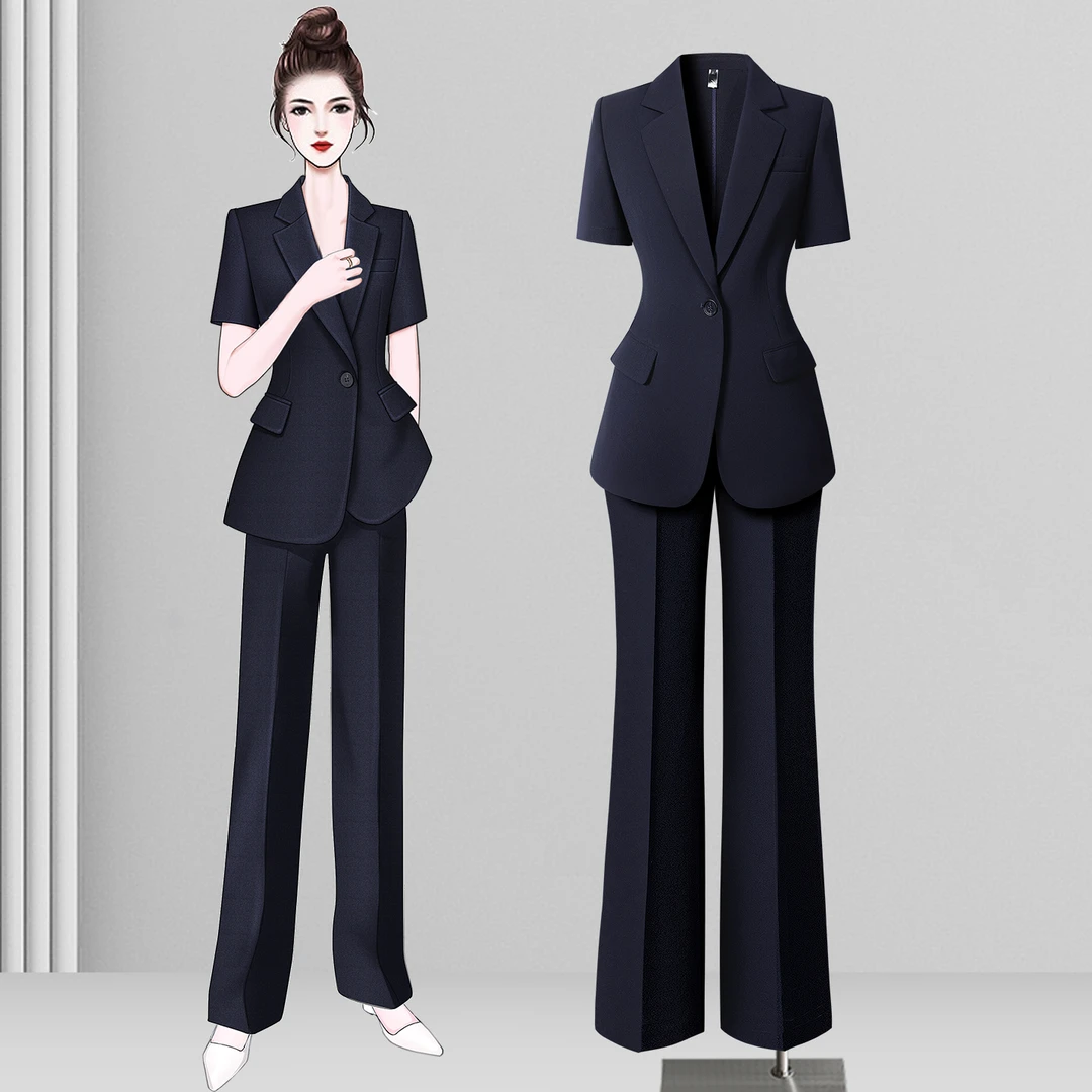 夏季薄款纯色平驳领女士高端西装套装通勤一粒扣面试休闲商务西装