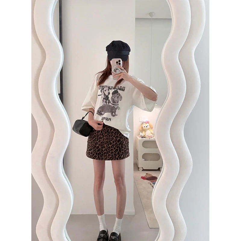2025女士时尚夏装辣妹短袖印花t恤上衣豹纹高腰气质a字裙半身裙