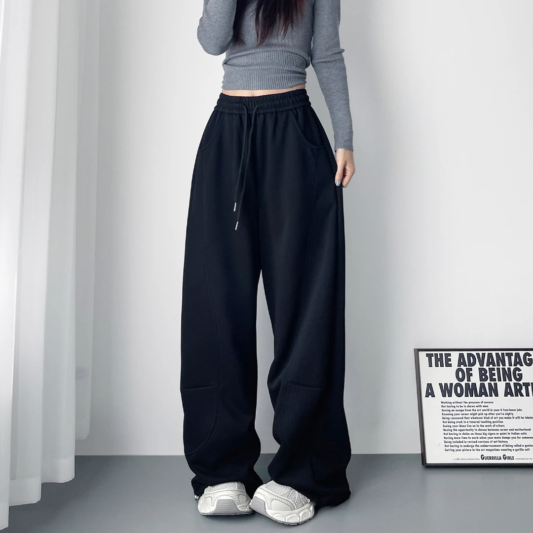 黑色高腰抽绳显瘦运动卫裤女秋冬季新款大码胖mm垂感慵懒风阔腿裤