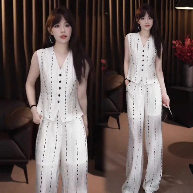时尚套装女2025夏季新款显瘦百搭无袖V领西装马甲阔腿裤两件套潮