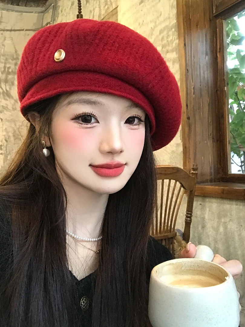 高品质新年圣诞红色针织贝雷帽女秋冬保暖显脸小百搭报童画家帽子