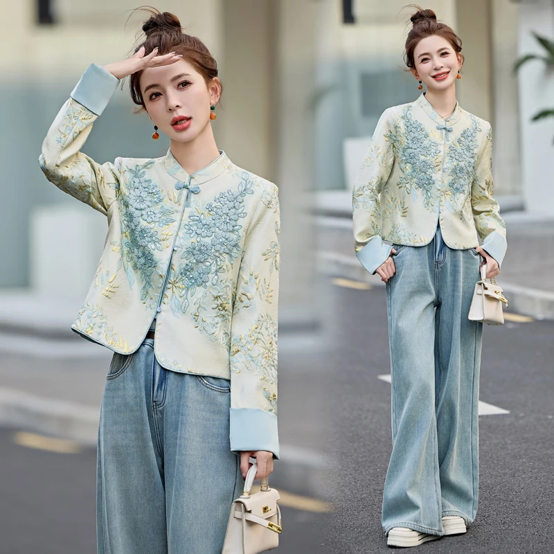 新中式重工刺绣提花外套女2025春季新款小个子国风气质短款上衣潮