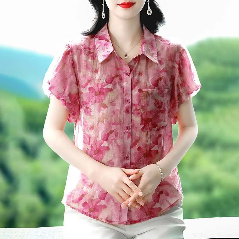 棉麻衬衫女装短袖夏季2025新款妈妈减龄洋气印花衬衣宽松亚麻上衣