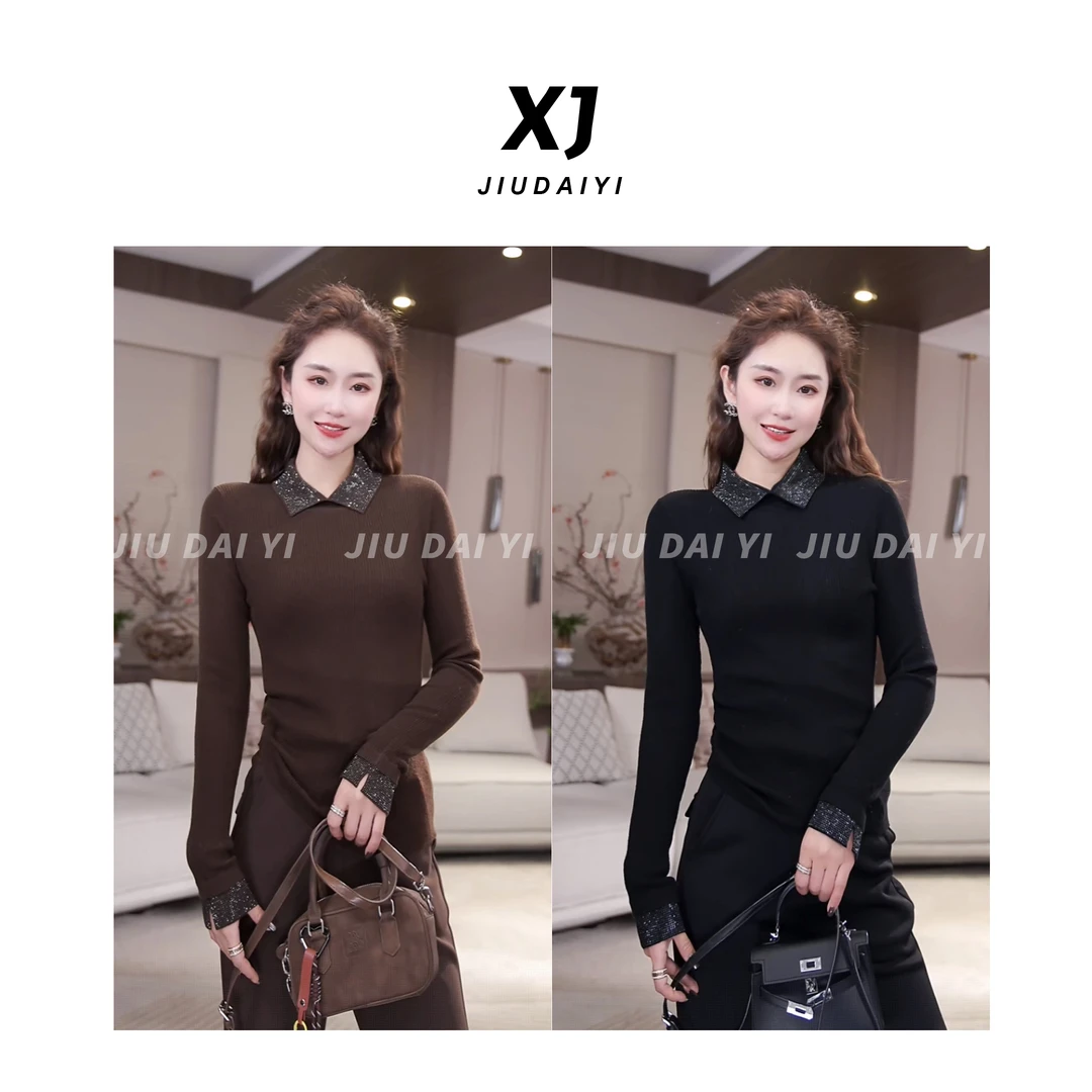 玖黛衣【闪耀静奢】冬季新款翻领加绒长袖厚款烫钻羊毛衫 XSJ47291