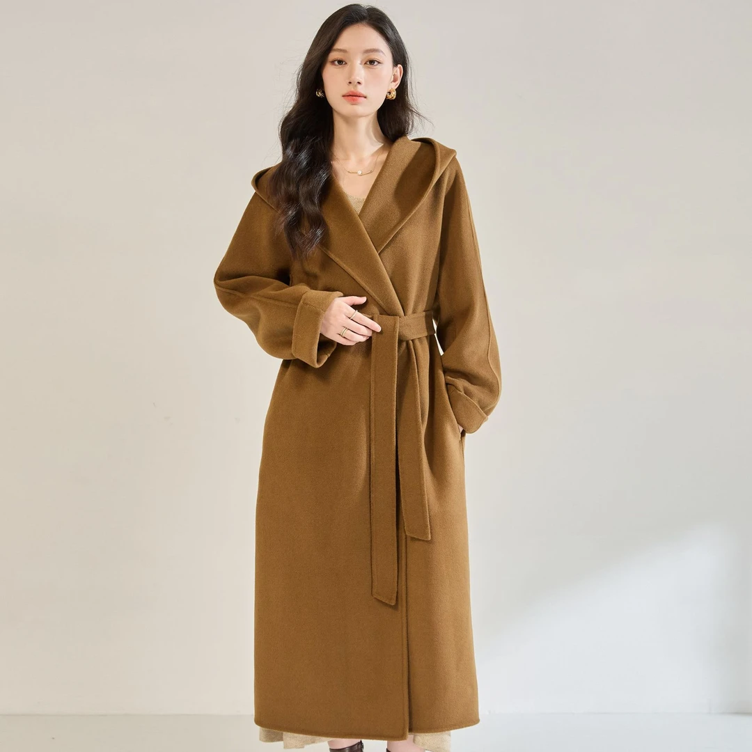 25秋冬新款休闲时尚宽松翻领浴袍长款连帽双面呢大衣外套女22672