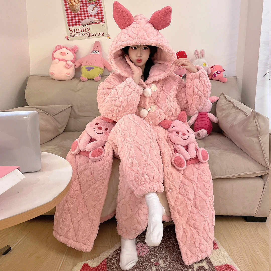 三层夹棉加厚加绒睡袍可外穿冬季睡衣女士卡通珊瑚绒家居服 9053