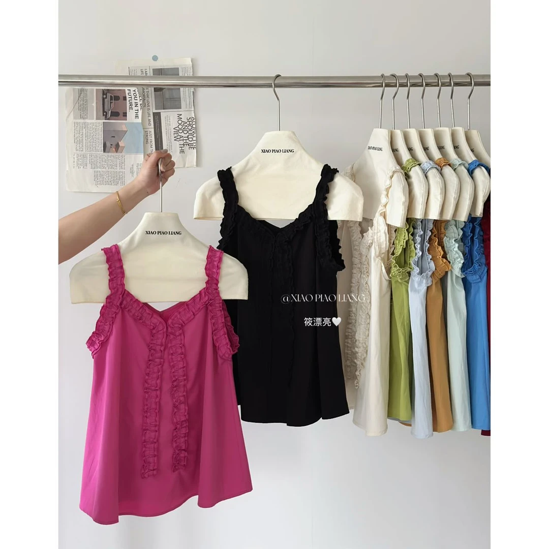 法式甜美减龄小清新花边装饰设计感显瘦百搭V领背心上衣6581#0.1