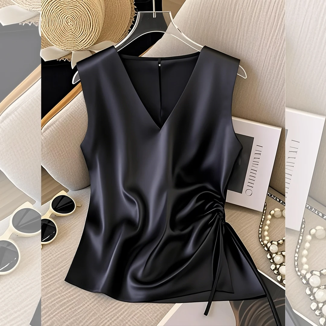 法式气质黑色设计感收腰系带无袖T恤女夏季2025新款轻奢高级衬衫