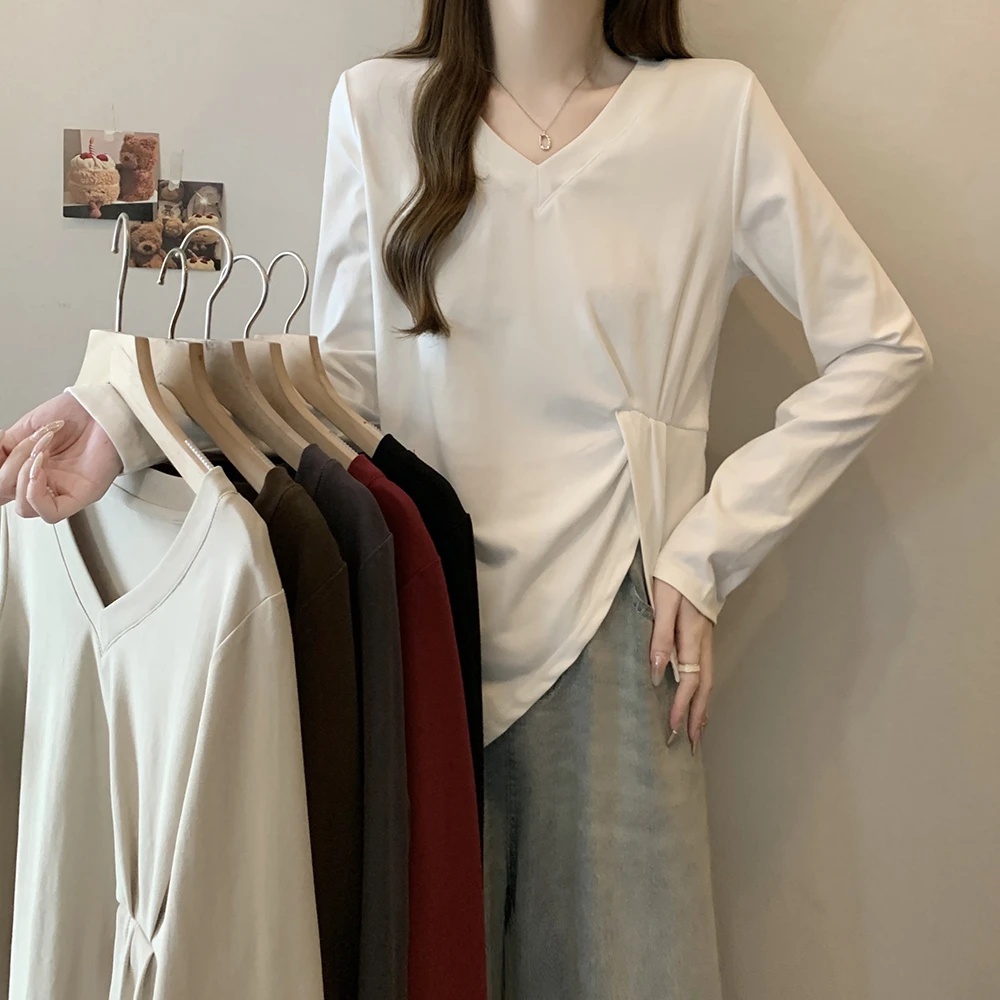 2903  大码女装褶皱不规则长袖打底V领T恤上衣