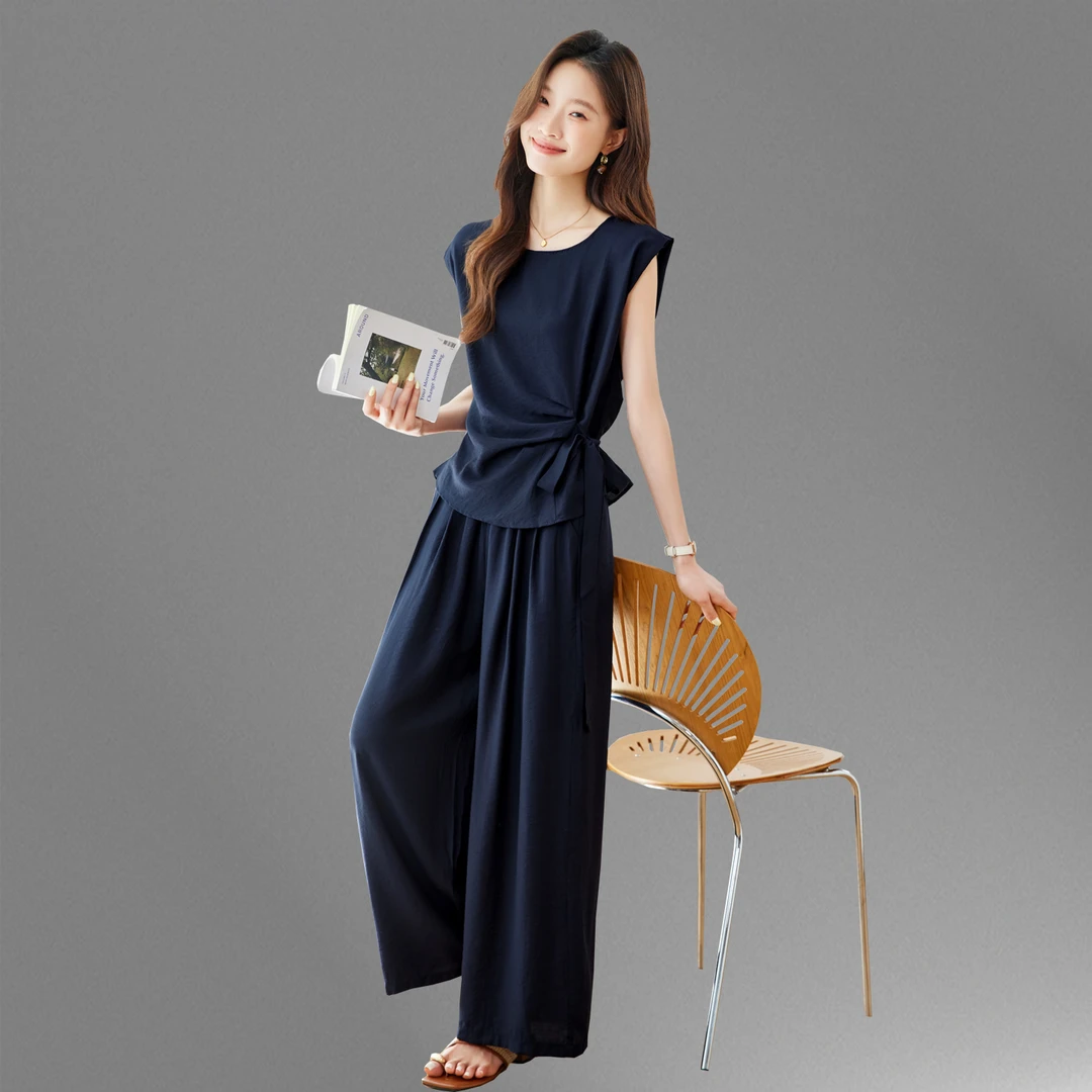 夏季时尚套装女2025新款设计感系带收腰上衣宽松休闲阔腿裤两件套