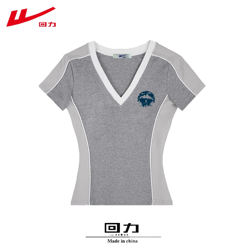 回力夏季夏装棉修身短款辣妹多巴胺通勤装短袖T恤女生设计感V领