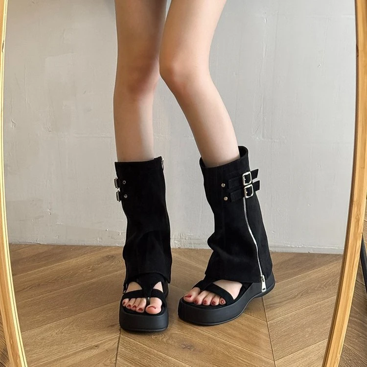 百搭时尚粗跟厚底机车时尚部落烟管靴英伦风方头潮流高跟瘦瘦靴女