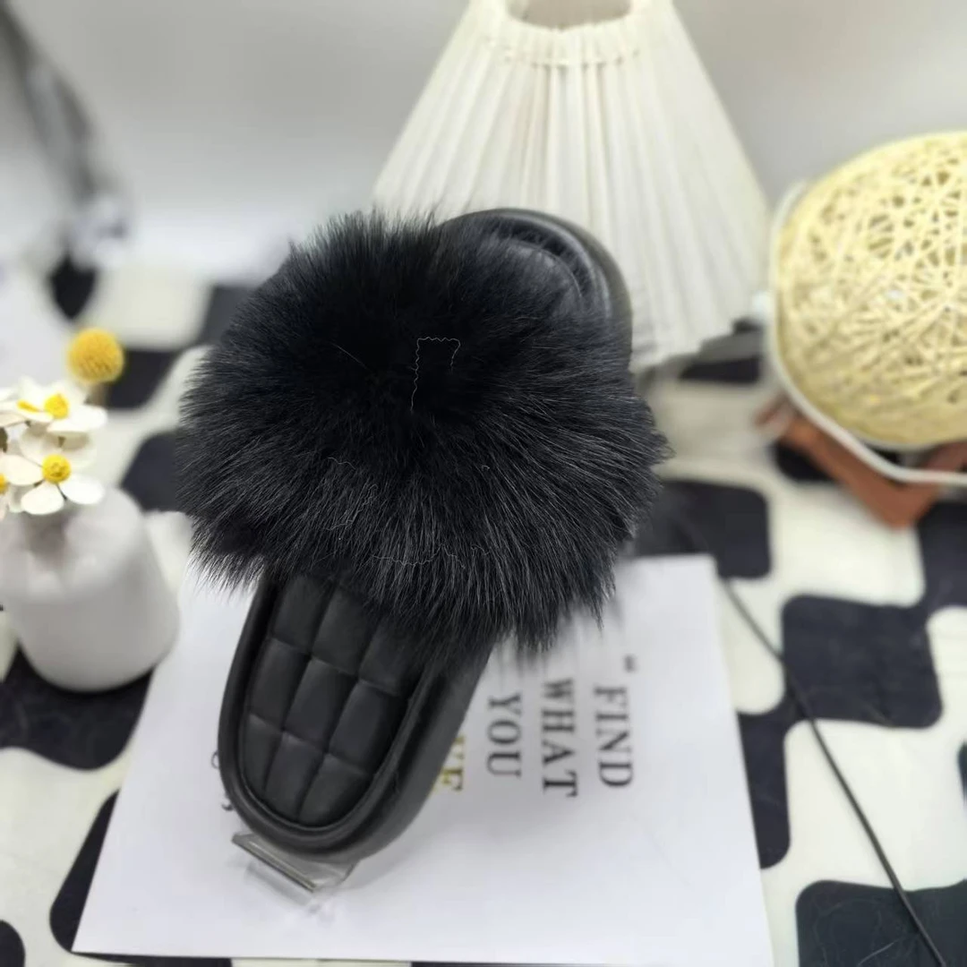 网红平跟3.5公分松糕底狐狸毛毛防滑一字拖拖鞋女鞋
