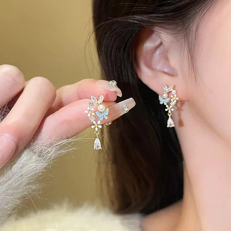 铜合金锆石耳饰 S925银针夏季新款蝴蝶花朵锆石耳钉女轻奢小众小