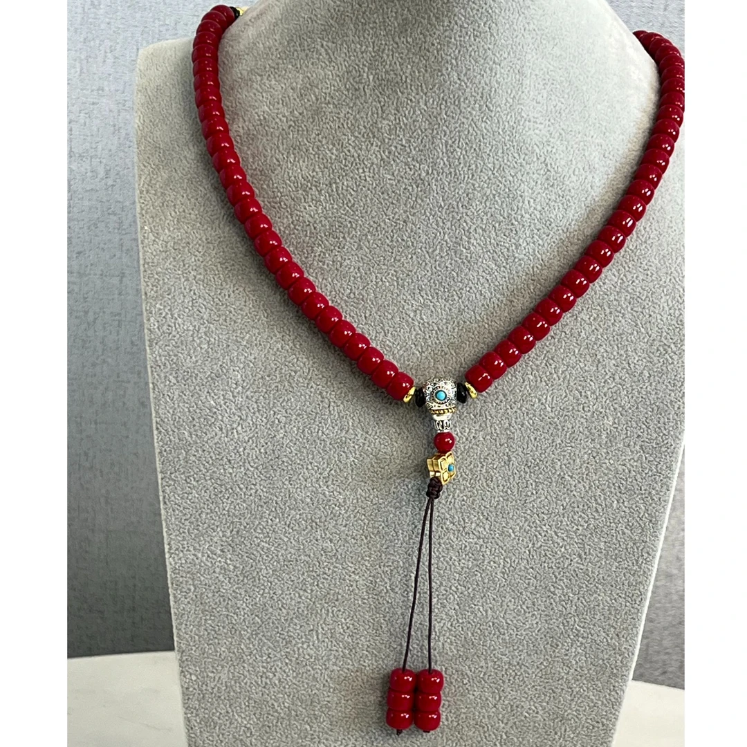 非金属珐琅项链 红色 珊珊   方圆珠型  108颗diy 项链