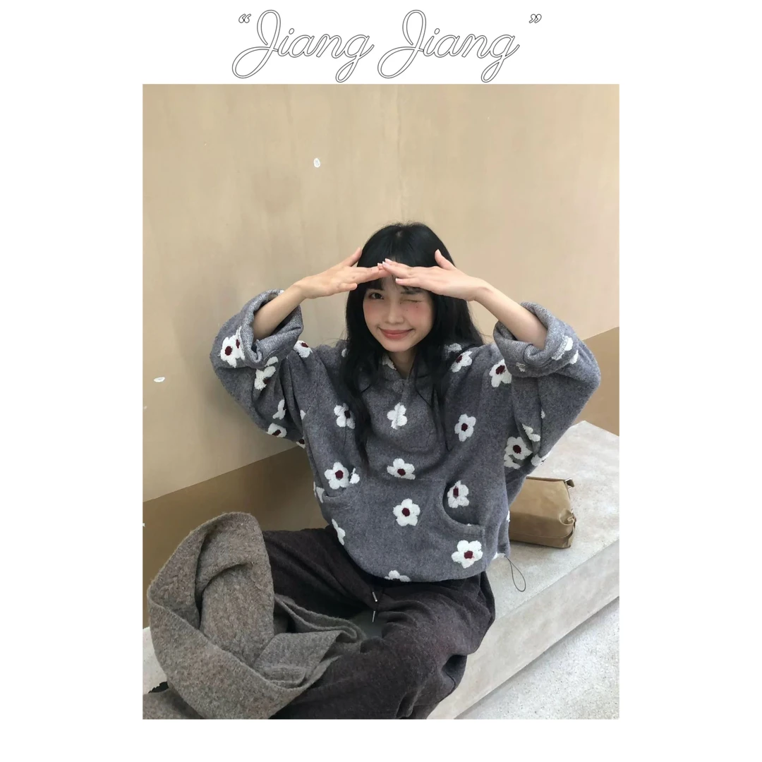 毛巾绣花朵 - 韩国单休闲百搭连帽卫衣女可爱宽松显瘦慵懒复古ins