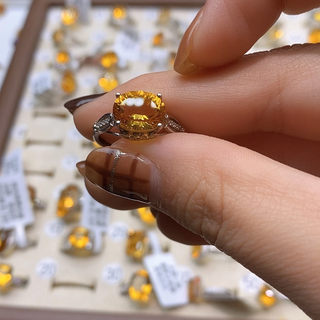 许****水晶银S925镶嵌戒指纯天然黄水晶戒指J